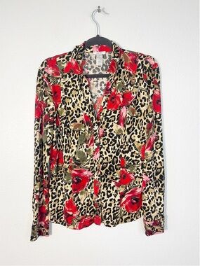 VTG Cache Y2K floral poppy and leopard print women's button-down top Medium